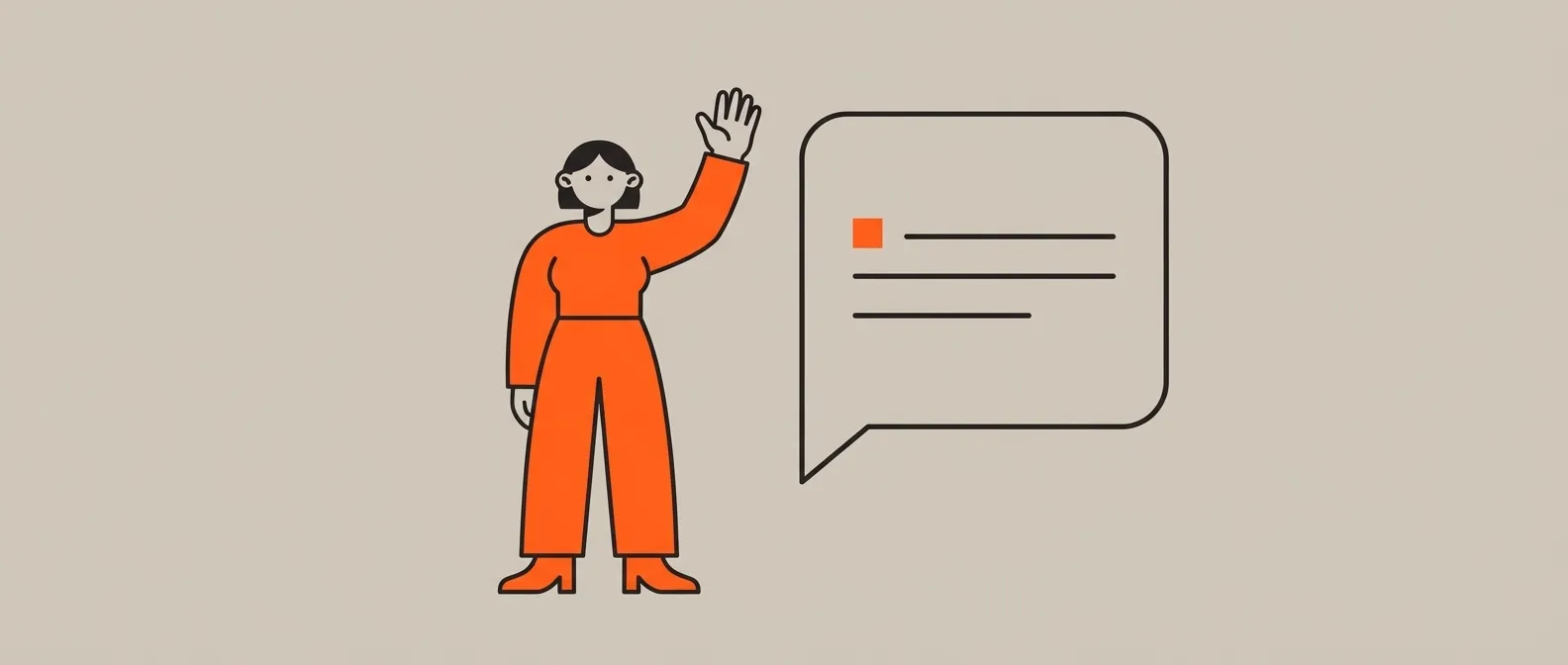 Editorial illustration character waving beside an oversized speech bubble