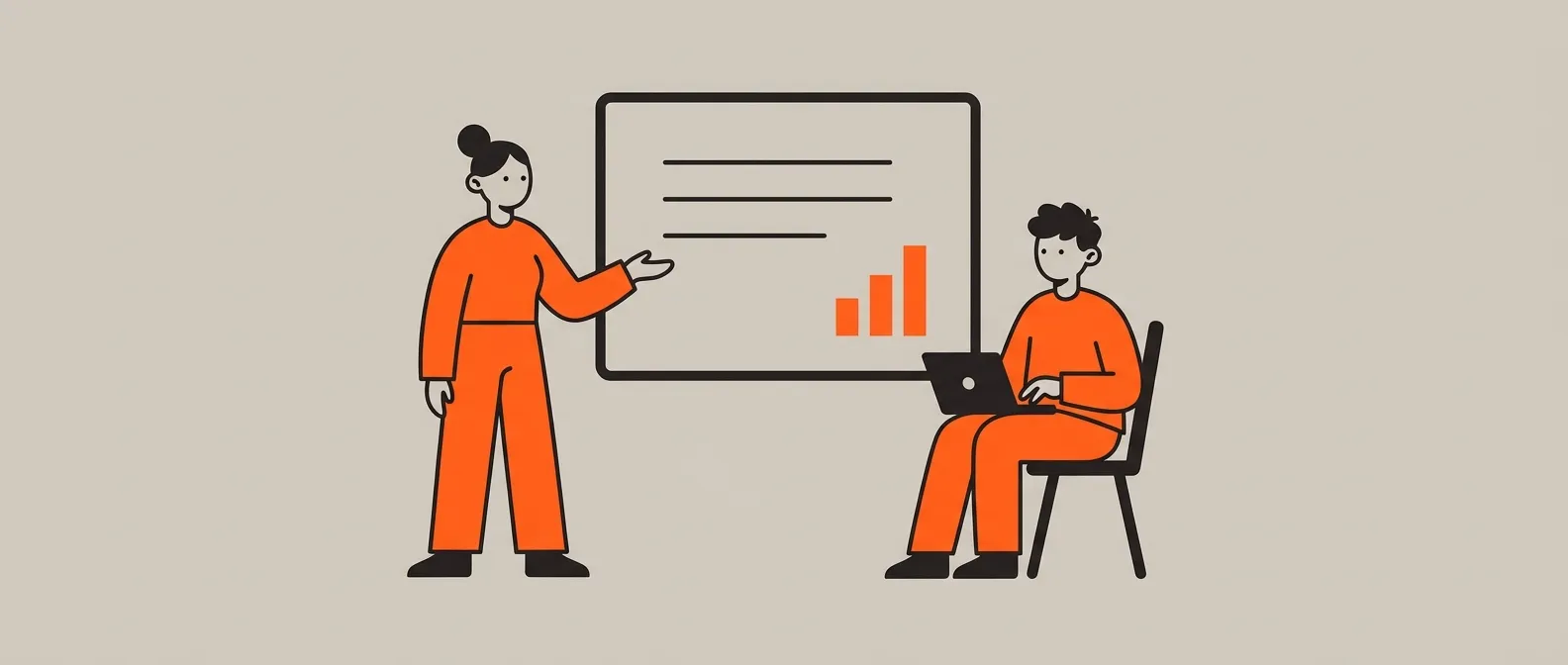 Workshop facilitator pointing at a screen while delegates work at round tables with laptops and sticky notes